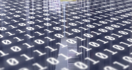 Glowing central aisle showcasing blinking server racks in data center, with binary code overlay. Technology, data, cybersecurity, infrastructure, futuristic, digital, networkingの写真素材