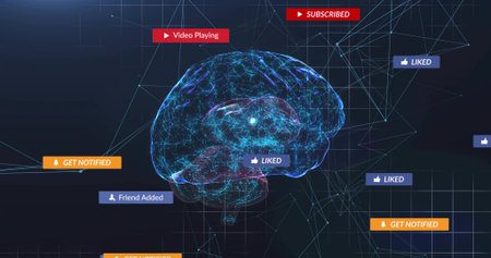 Floating blue wireframe brain glowing, linking through digital network with notification tags....