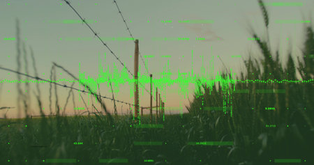 Projecting neon green waveform overlay onto wooden fence post in tall grassland, with barbed wire....
