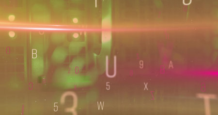 Floating translucent letters and numbers drifting across digital panel, with glowing light streaks. Futuristic, cyber, abstract, digital, high-tech, vibrant, motionの写真素材