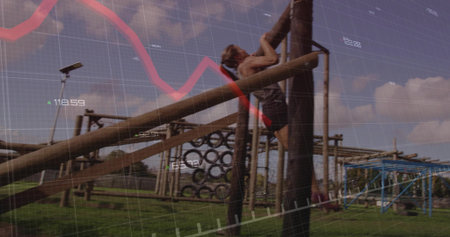 Climbing female athlete scaling pole at outdoor obstacle course, with monkey bars and grid overlay....