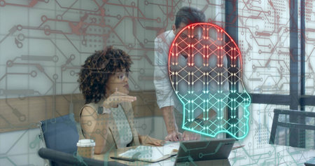 Tech professionals reviewing tablet and notebook in conference room, with circuit AI head overlay. Corporate, innovation, futuristic, technological, collaboration, digital, professionalの写真素材