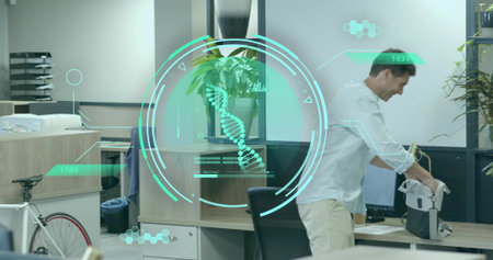 Unpacking business-casual employee reaching into backpack at desk with DNA interface, copy space....