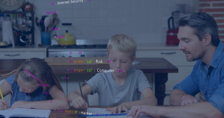 Working father and children writing in notebooks at wooden kitchen table, with floating HTML code. Family, education, technology, learning, collaboration, home, creativityの写真素材