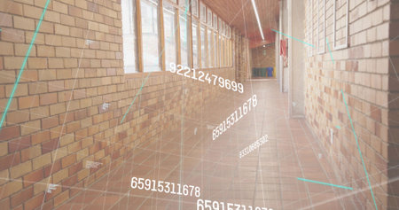 Displaying empty brick corridor showing floating numerical data grid inside hallway, with windows....