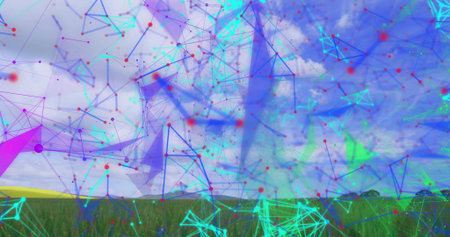 Displaying digital network overlay across open rural meadow, glowing nodes and connecting lines....