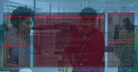 Collaborating three tech professionals reviewing projected code on glass in office, laptops, mugs....