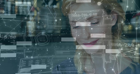 Analyzing female data analyst interacting with holographic data overlays at modern office desk....