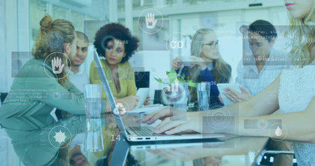 Team of five professionals discussing metrics in conference room, with laptops and data overlays. Collaboration, innovation, technology, sustainability, teamwork, modern, brainstormingの写真素材