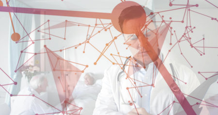 Writing doctor in white coat reviewing clipboard in hospital ward, with stethoscope and red overlay....