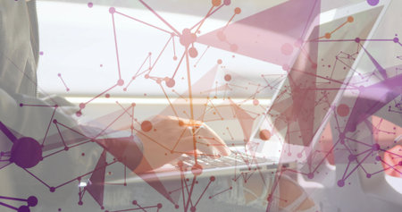 Typing business traveler wearing jacket and jeans at plane window seat, with laptop network overlay. Digital, connectivity, modern, commuter, technology, stylish, innovativeの写真素材