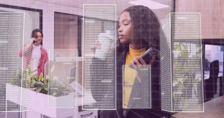Standing blazer-clad exec holding smartphone and stylus near glass wall holographic code in office....