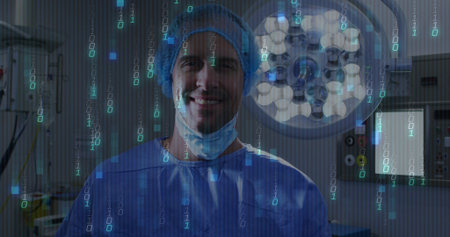 Standing surgeon pulling mask down in blue scrubs under surgical lamp in OR, with binary overlay. Medical, technology, healthcare, innovation, precision, professionalism, sterileの写真素材