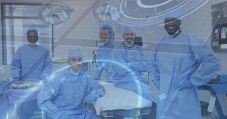 Standing surgical team wearing blue gowns examining operating table in hospital, with AR overlay. Medical, healthcare, technology, teamwork, consultation, clinical, innovationの写真素材