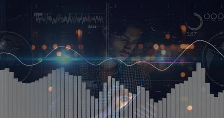 Tapping analyst in checkered shirt using tablet at office desk, with bar chart, line graph overlays. Technology, data visualization, analytics, digital interface, high-tech, business intelligenceの写真素材