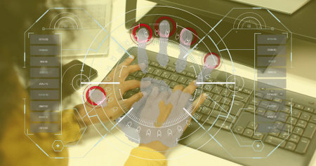 Typing yellow-sweatered male hands at white desk with keyboards, tablet and AR interface....