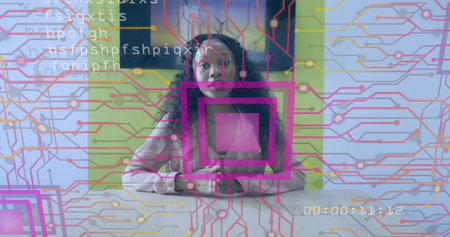 Sitting woman wearing pink blazer positioning hands on wooden table in office, with circuit overlay....