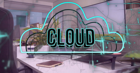 Displaying neon-style cloud graphic above desk near window, with laptop on stand and snake plant....