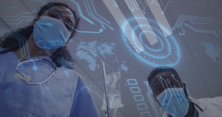 Leaning masked professionals in scrubs inspecting patient in exam room, with stethoscope iv bag....