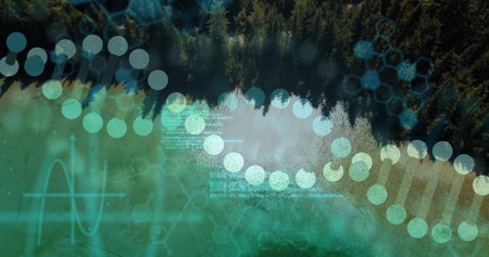 Floating DNA helix overlaying pine forest and turquoise lake, with hex patterns and code waves. Nature, technology, innovation, science, digital, biomolecular, connectivityの写真素材
