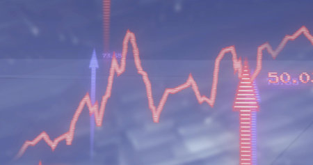 Displaying line chart at trading screen with purple, red-striped arrows marking 73.55 and 50.05....