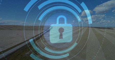 Displaying central padlock icon securing rural farmland via digital interface, binary code overlay....