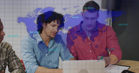 Collaborating three office colleagues analyzing laptop data in meeting room with world map overlay. Collaboration, teamwork, data analysis, innovation, professional, digital, urbanの写真素材