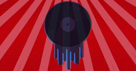 Displaying stylized black vinyl record dripping dark blue paint on red radial striped backdrop. Retro, abstract, vibrant, artistic, graphic, music, designの写真素材