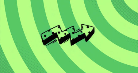 Drawing attention to chunky zigzag arrow graphic on digital design, with green concentric rings. Geometric, abstract, playful, vibrant, modern, graphic, designの写真素材