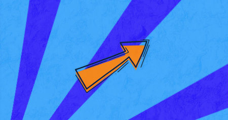 Moving orange arrow pointing toward upper right in digital abstract illustration, with purple rays. Direction, navigation, progress, innovation, vibrant, dynamic, graphic designの写真素材