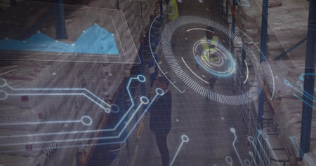 Scanning helmeted safety vest worker checking stock using holograms in storage aisle with pallets....