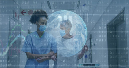 Guiding nurse supporting patient in gown walking hospital corridor with scrubs masks handrails. Healthcare, assistance, professionalism, safety, compassion, clinical, medicalの写真素材