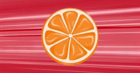 Featuring stylized orange slice floating in flat graphic design context with red streak patterns....