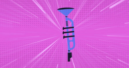 Displaying blue trumpet against magenta halftone backdrop with white rays showing three valves bell. Musical, instrument, graphic, pop-art, vibrant, modern, digitalの写真素材