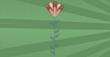 Featuring stylized flower with pink and brown petals on leafy stem in abstract green backdrop. Minimalist, botanical, abstract, graphic, vibrant, decorative, floralの写真素材