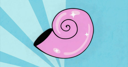 Cartoon-style glossy pink spiral shell floating against two-tone blue radial stripes, flat graphic. Fantasy, surreal, vibrant, whimsical, minimalistic, abstract, playfulの写真素材