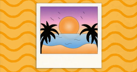 Depicting polaroid frame showing tropical beach sunset, featuring palm trees, sun, waves. Island, leisure, tranquility, scenery, sunset, nature, serenityの写真素材