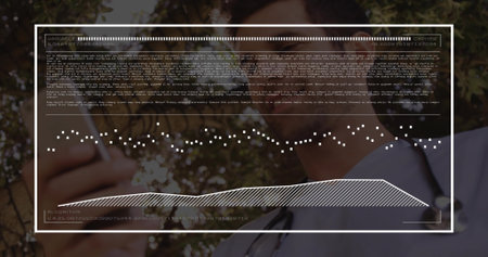 Examining doctor in scrubs tapping smartphone under tree, stethoscope and code overlay, copy space. Diagnostics, telemedicine, wearable, innovative, outdoor, connectivity, healthtechの写真素材