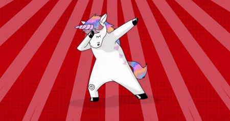 Dabbing white unicorn striking dab pose in red radial background, with rainbow mane and pink hearts. Fantasy, whimsical, vibrant, energetic, playful, cartoon, colorfulの写真素材