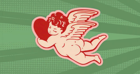 Clutching large red heart, cherubic cupid floating over graphic backdrop with green radial beams. Fantasy, love, romance, whimsical, illustrative, vibrant, mythicalの写真素材
