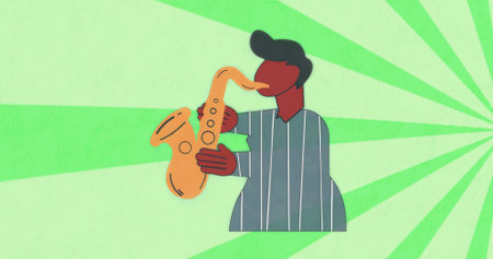 Performing musician playing golden saxophone and improvising jazz against green radial background. Instrumentalist, jazz, vibrant, abstract, colorful, artistic, entertainmentの写真素材