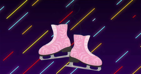 Hanging pair of pink ice skates on thin metal hanger in neon streaked purple backdrop, futuristic....