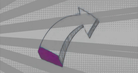 Showing curved arrow pointing upward to right in studio artwork, with hatched lines and purple tail. Vector, graphic design, abstract, modern, motion, direction, creativityの写真素材