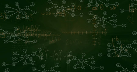 Displaying chalkboard showing mathematical equations and network node diagrams on green board....