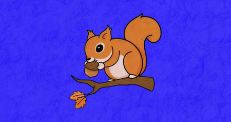 Nibbling squirrel gripping acorn on bare tree branch against blue backdrop, with orange leaves. Whimsical, playful, nature, illustration, minimalistic, seasonal, wildlifeの写真素材