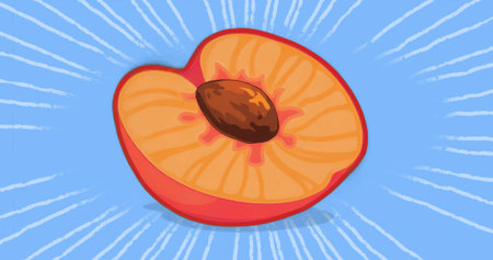 Floating halved peach revealing yellow flesh with pit against graphic blue backdrop with white rays....