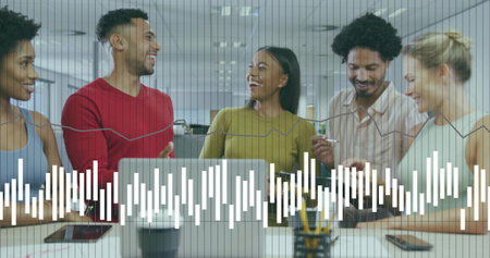 Collaborating five coworkers using laptops, white cup, phone in modern office, displaying bar chart. Teamwork, innovation, communication, enterprise, startup, brainstorming, productivityの写真素材