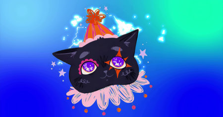 Floating black cat head in abstract gradient, wearing striped party hat with bow, collar, sparkles....