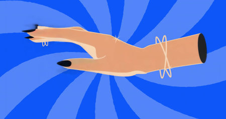 Floating arm and hand over radial blue backdrop, showing metal bracelets and sparkling black nails. Minimalist, abstract, fashion, accessories, glamour, modern, vibrantの写真素材