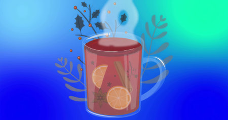 Showcasing glass mug steaming over gradient backdrop, orange slices, cinnamon sticks and star anise. Drinkware, beverage, warm, aromatic, festive, seasonal, decorativeの写真素材